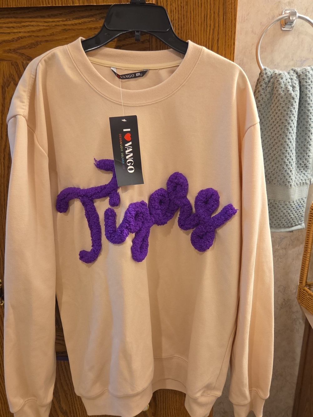 Vango Beige Crewneck Sweater with Purple 'Tiger' Applique